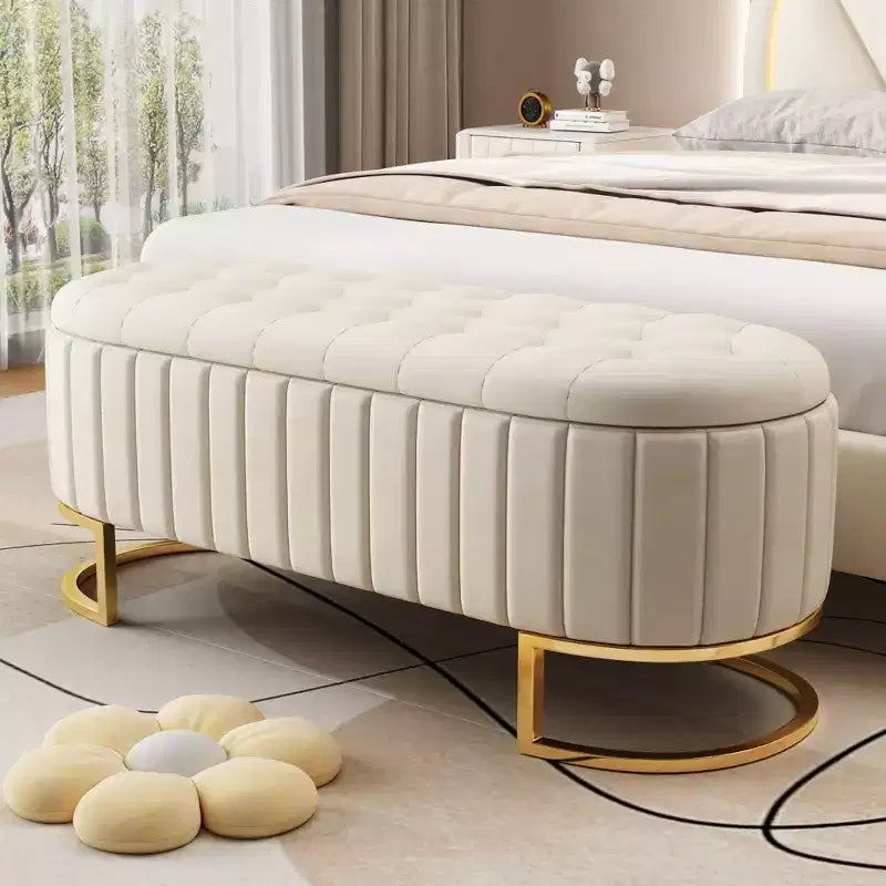 Banc de rangement élégant rembourré avec capitonnage, banc d'entrée avec pieds en métal, banc de bout de lit facile à assembler pour chambre à coucher