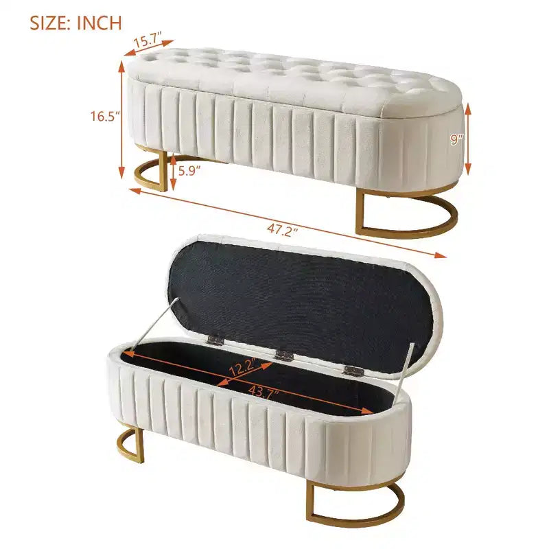 Banc de rangement élégant rembourré avec capitonnage, banc d'entrée avec pieds en métal, banc de bout de lit facile à assembler pour chambre à coucher