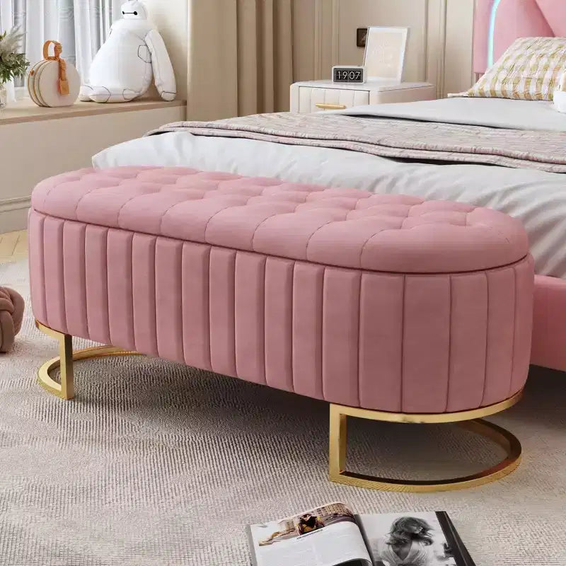 Banc de rangement élégant rembourré avec capitonnage, banc d'entrée avec pieds en métal, banc de bout de lit facile à assembler pour chambre à coucher
