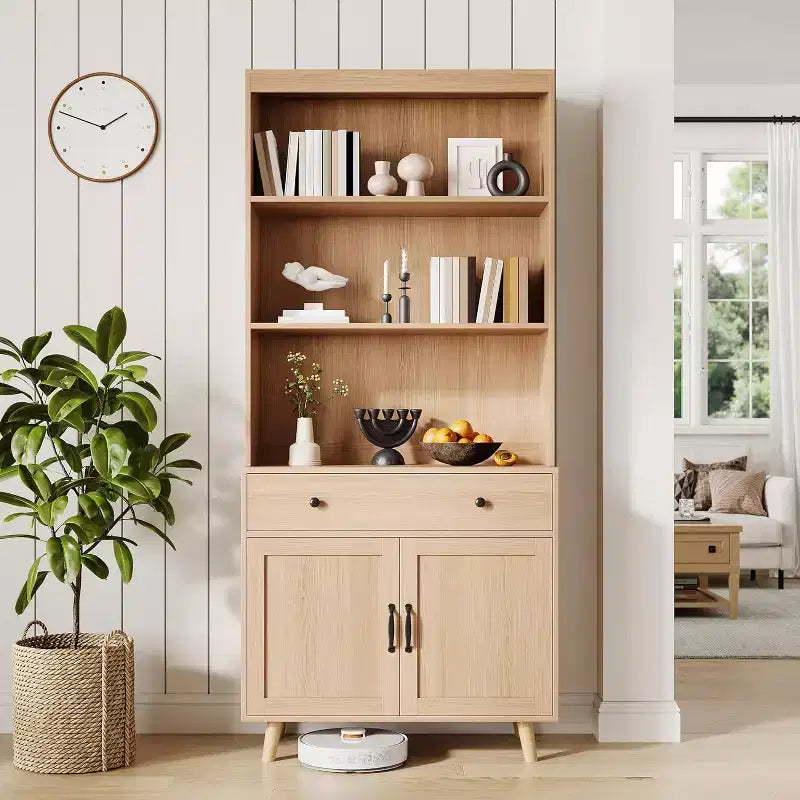 72.4 Freestanding Wooden Bookcase with Storage, Tall Bookshelf Featuring Doors & Drawers, Display Shelf for Living Room, Office, Bedroom, Kitchen