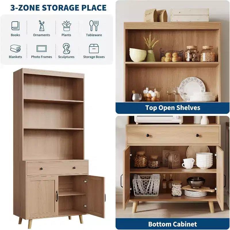 72,4 Bibliothèque autoportante en bois avec rangement, Grande étagère avec portes et tiroirs, Étagère de présentation pour salon, bureau, chambre, cuisine