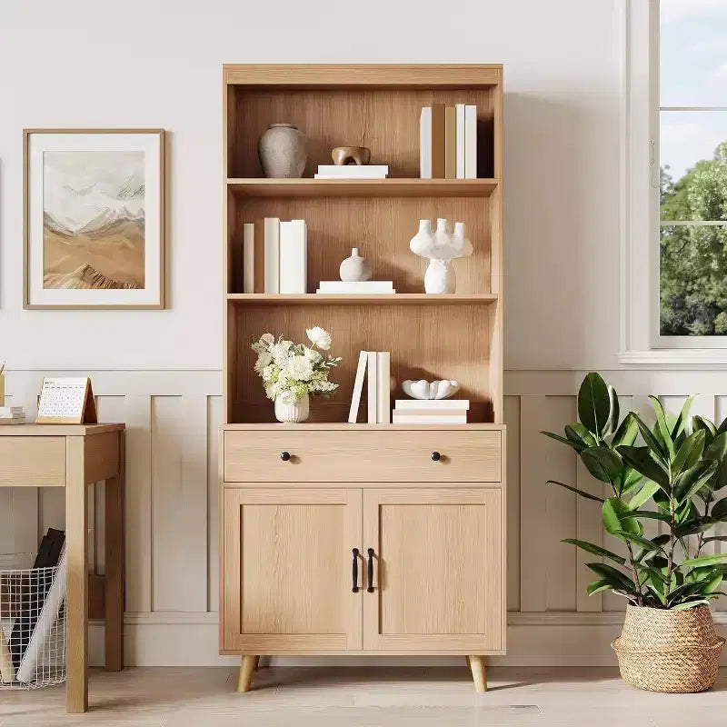 72,4 Bibliothèque autoportante en bois avec rangement, Grande étagère avec portes et tiroirs, Étagère de présentation pour salon, bureau, chambre, cuisine