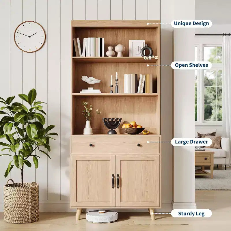 72,4 Bibliothèque autoportante en bois avec rangement, Grande étagère avec portes et tiroirs, Étagère de présentation pour salon, bureau, chambre, cuisine