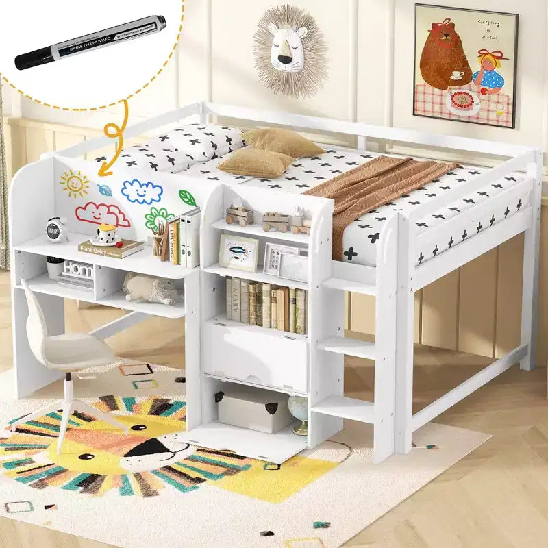 Full Size Low Loft Bed with Built-in Desk,Storage Cabinets and Open Bookcase,Whiteboard for Graffiti,White Full Size Low Loft Bed with Built-in Desk