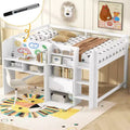 Full Size Low Loft Bed with Built-in Desk,Storage Cabinets and Open Bookcase,Whiteboard for Graffiti,White Full Size Low Loft Bed with Built-in Desk