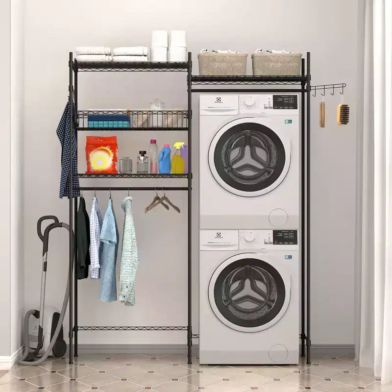 Over Washer and Dryer Shelves, Laundry Room Clothes Drying Rack, Storage and Organizer Shelf, Adjustable Height Wire Shelving and Wire Basket