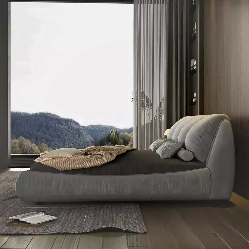 Lit plateforme de luxe rembourré grand lit avec dossier rembourré surdimensionné et cadre en bois massif gris
