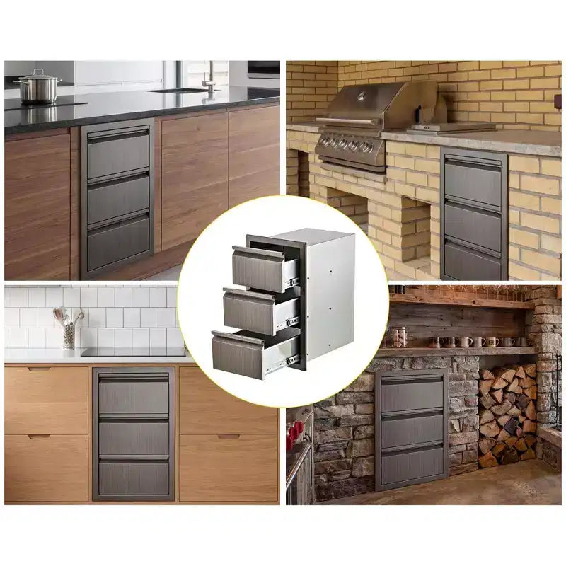 Tiroirs triples robustes en acier inoxydable, organisateur de cuisine extérieure encastré pour îlot de barbecue et patio