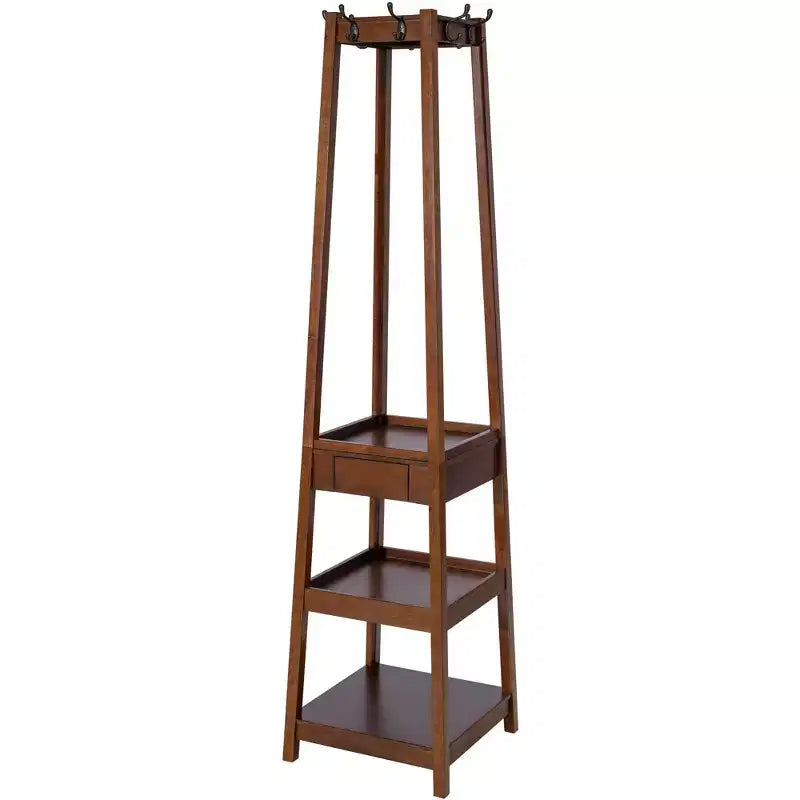 eHemco 70.2 H Wooden Coat Rack Stand with 8 Hooks, 3 Storage Shelves and Drawer, Heavy Duty Hall Tree, Coffee