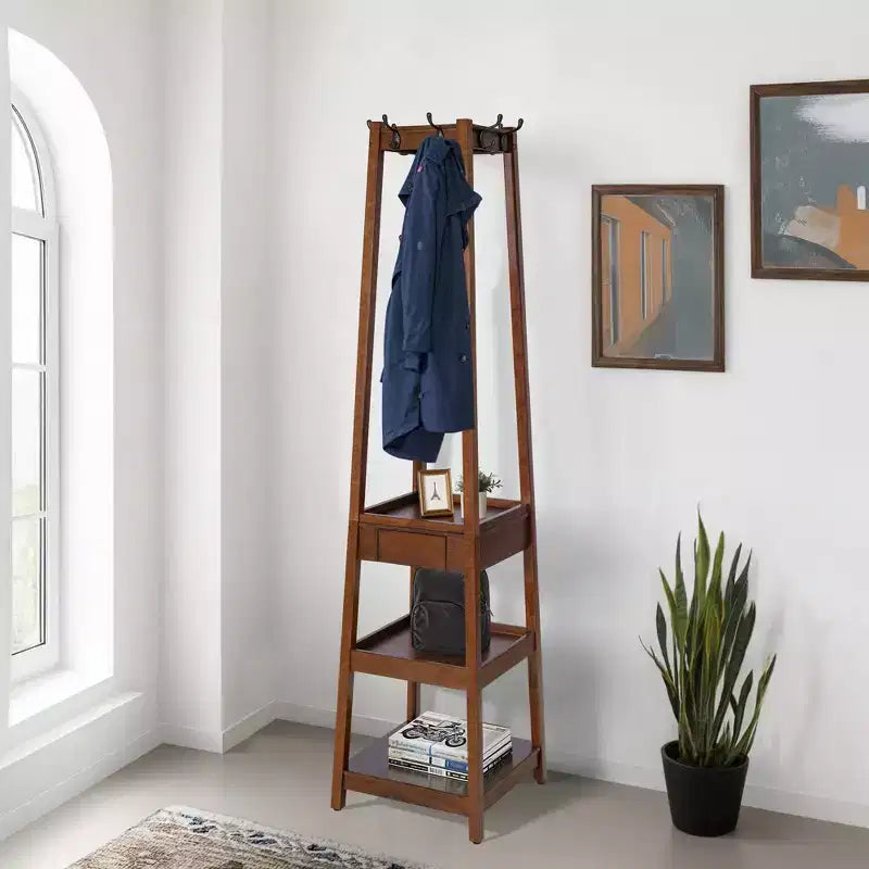 Porte-manteau en bois de 178,3 cm de haut avec 8 crochets, 3 étagères de rangement et un tiroir, arbre d'entrée robuste, café