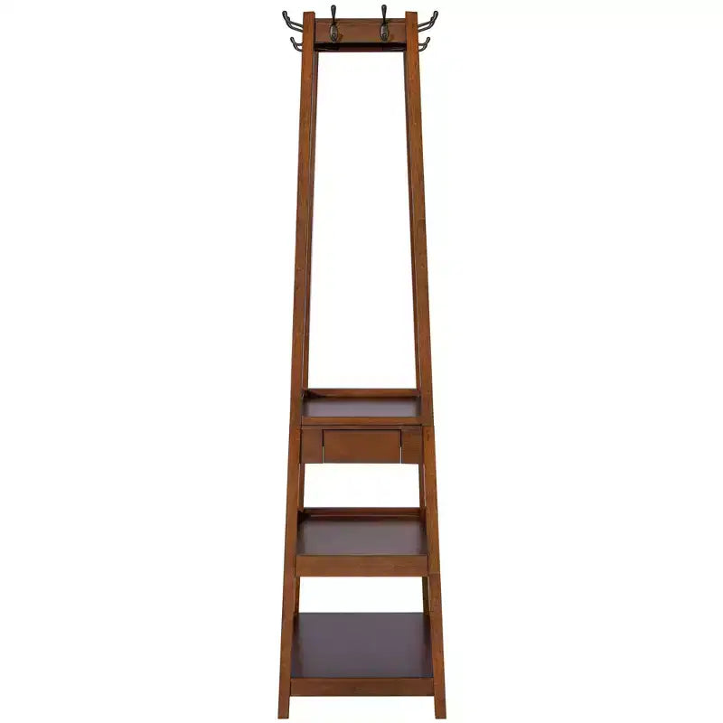 Porte-manteau en bois de 178,3 cm de haut avec 8 crochets, 3 étagères de rangement et un tiroir, arbre d'entrée robuste, café
