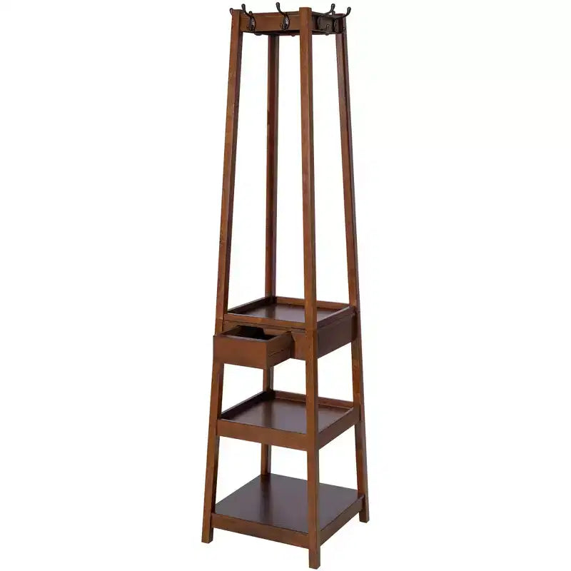 Porte-manteau en bois de 178,3 cm de haut avec 8 crochets, 3 étagères de rangement et un tiroir, arbre d'entrée robuste, café