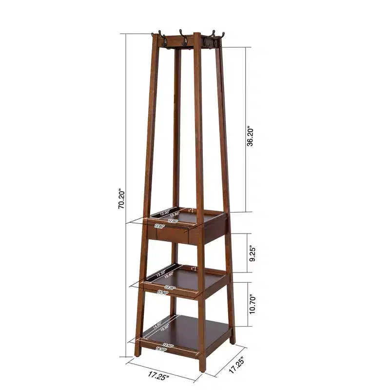 Porte-manteau en bois de 178,3 cm de haut avec 8 crochets, 3 étagères de rangement et un tiroir, arbre d'entrée robuste, café