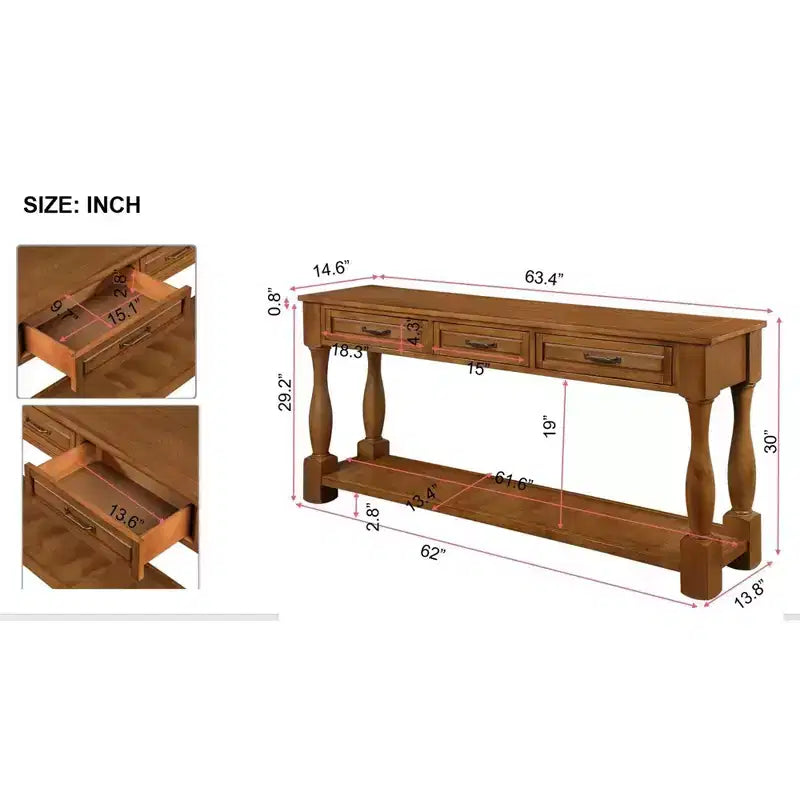 Table console en bois de 63 pouces, table de canapé d'entrée en bois massif avec 3 tiroirs pour couloir et salon