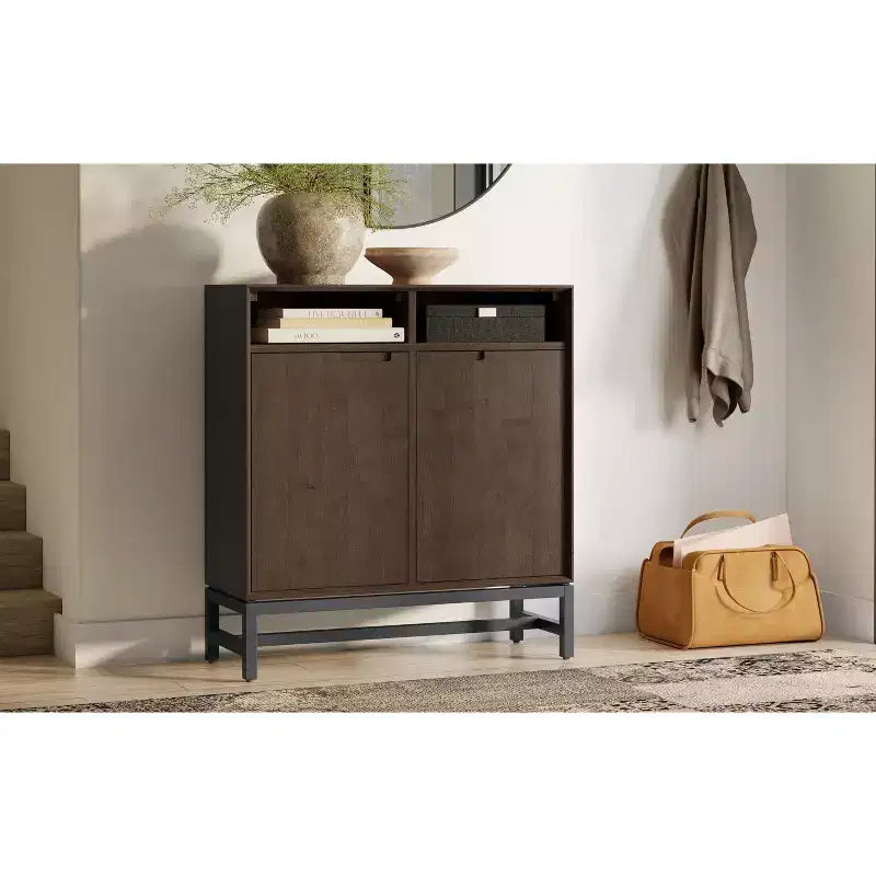 Meuble de rangement pour entrée, moderne et industriel, en bois massif Devlin, largeur 91 cm