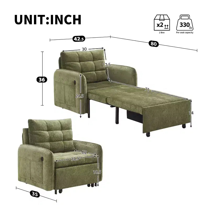 Canapé-lit convertible 3-en-1 en chenille avec lit simple gigogne, ports de chargement USB et poches de rangement