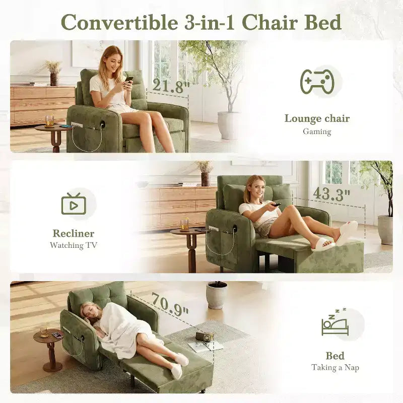 Canapé-lit convertible 3-en-1 en chenille avec lit simple gigogne, ports de chargement USB et poches de rangement