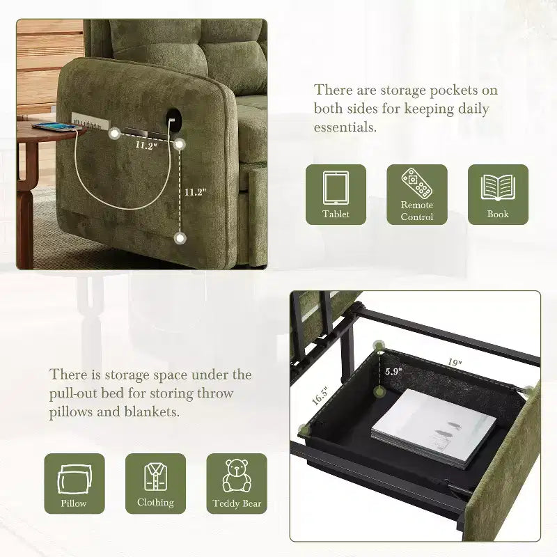 Canapé-lit convertible 3-en-1 en chenille avec lit simple gigogne, ports de chargement USB et poches de rangement