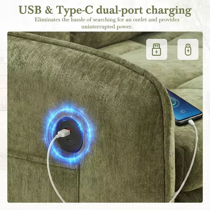 Canapé-lit convertible 3-en-1 en chenille avec lit simple gigogne, ports de chargement USB et poches de rangement