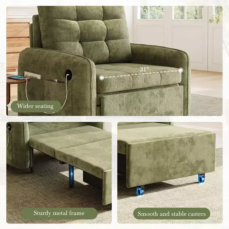Canapé-lit convertible 3-en-1 en chenille avec lit simple gigogne, ports de chargement USB et poches de rangement