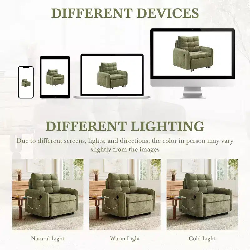 Canapé-lit convertible 3-en-1 en chenille avec lit simple gigogne, ports de chargement USB et poches de rangement