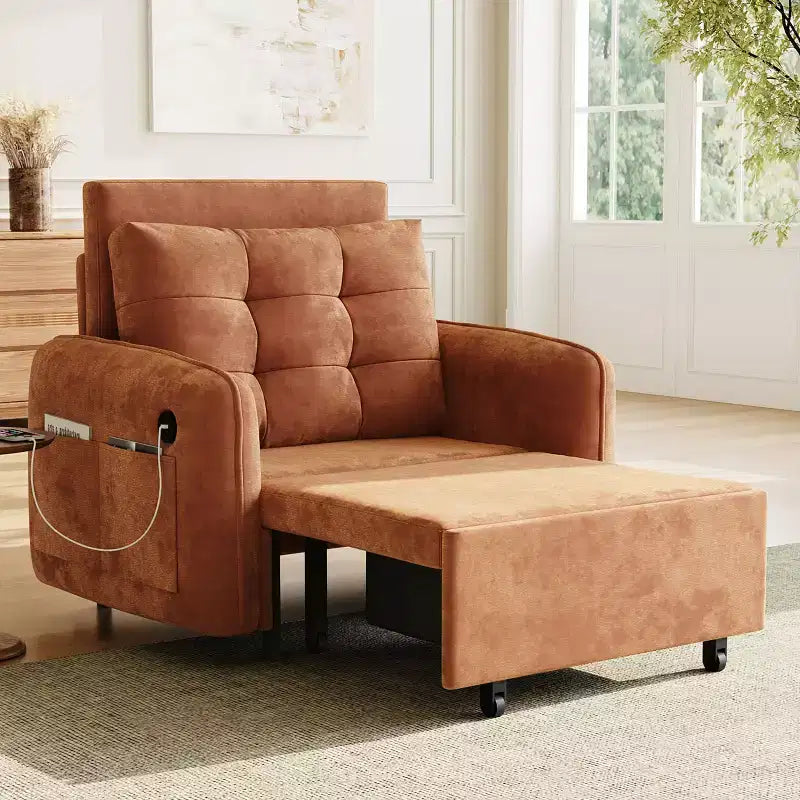 Canapé-lit convertible 3-en-1 en chenille avec lit simple gigogne, ports de chargement USB et poches de rangement