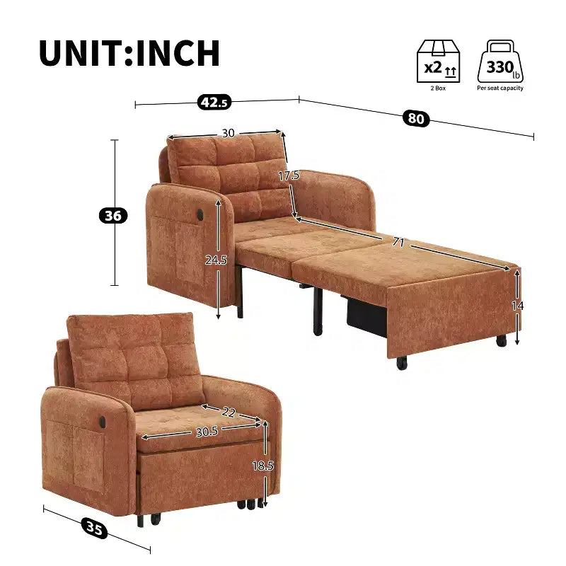 Canapé-lit convertible 3-en-1 en chenille avec lit simple gigogne, ports de chargement USB et poches de rangement