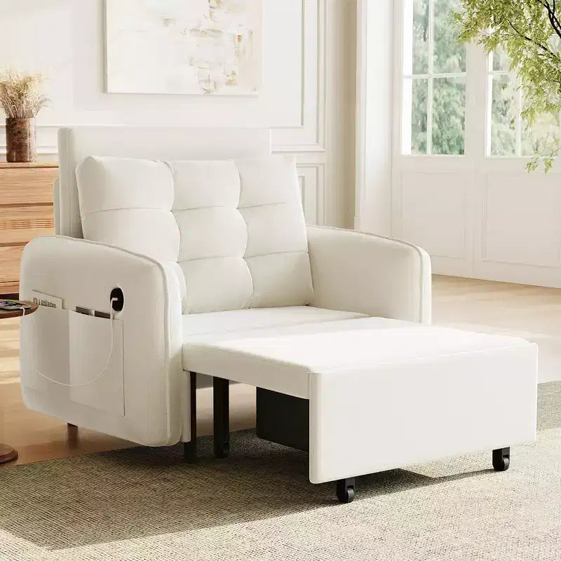 Canapé-lit convertible 3-en-1 en chenille avec lit simple gigogne, ports de chargement USB et poches de rangement