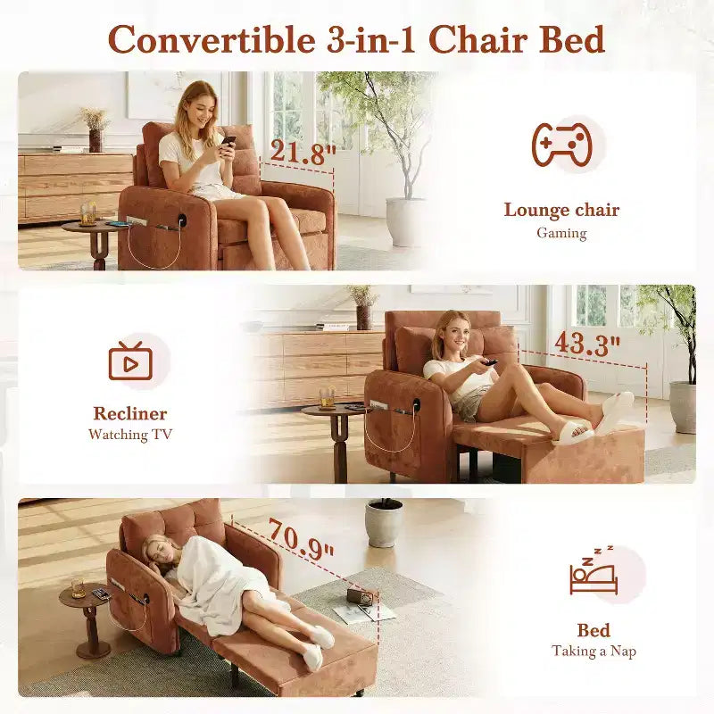 Canapé-lit convertible 3-en-1 en chenille avec lit simple gigogne, ports de chargement USB et poches de rangement