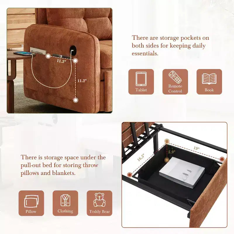 Canapé-lit convertible 3-en-1 en chenille avec lit simple gigogne, ports de chargement USB et poches de rangement