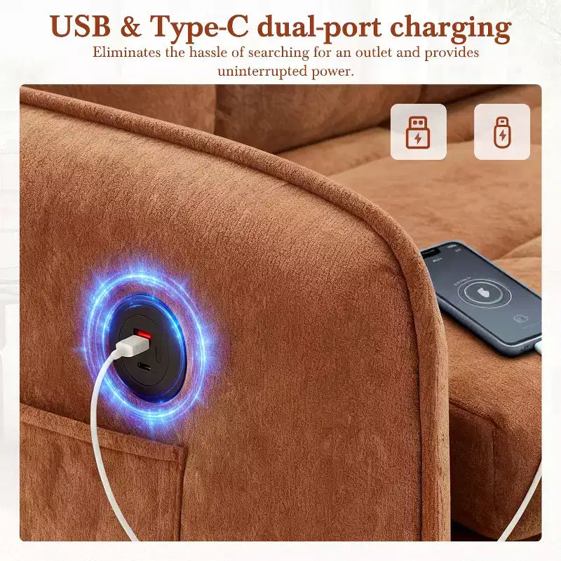 Canapé-lit convertible 3-en-1 en chenille avec lit simple gigogne, ports de chargement USB et poches de rangement