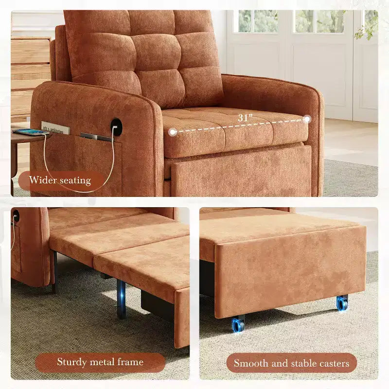 Canapé-lit convertible 3-en-1 en chenille avec lit simple gigogne, ports de chargement USB et poches de rangement