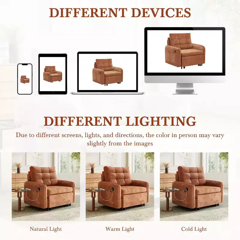 Canapé-lit convertible 3-en-1 en chenille avec lit simple gigogne, ports de chargement USB et poches de rangement