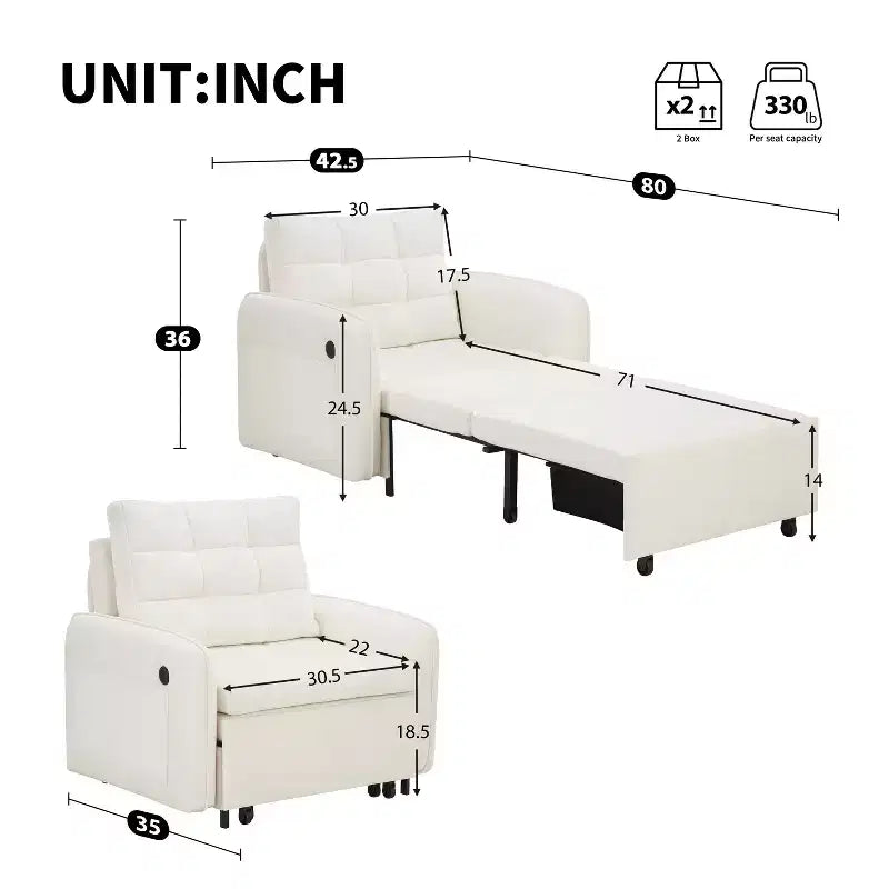 Canapé-lit convertible 3-en-1 en chenille avec lit simple gigogne, ports de chargement USB et poches de rangement