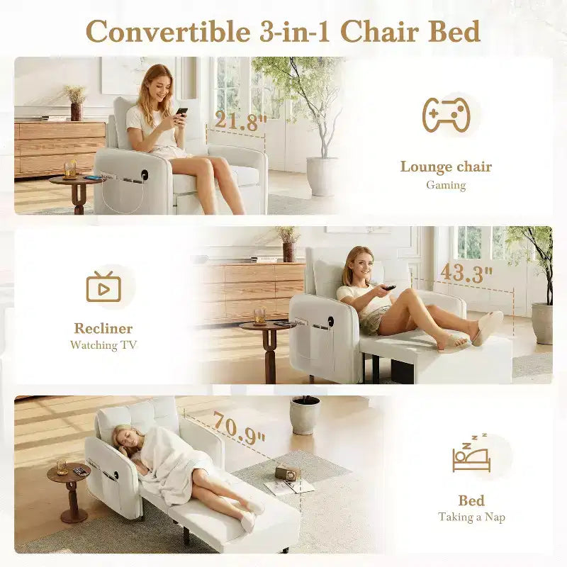 Canapé-lit convertible 3-en-1 en chenille avec lit simple gigogne, ports de chargement USB et poches de rangement