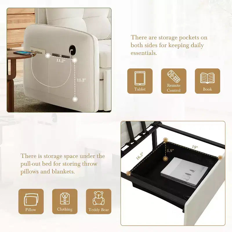 Canapé-lit convertible 3-en-1 en chenille avec lit simple gigogne, ports de chargement USB et poches de rangement