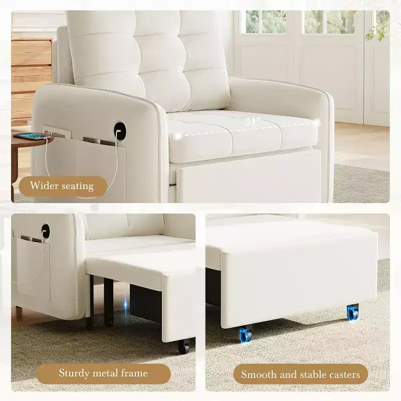 Canapé-lit convertible 3-en-1 en chenille avec lit simple gigogne, ports de chargement USB et poches de rangement