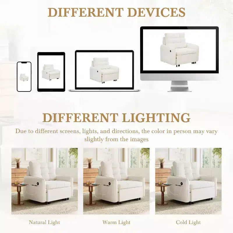 Canapé-lit convertible 3-en-1 en chenille avec lit simple gigogne, ports de chargement USB et poches de rangement