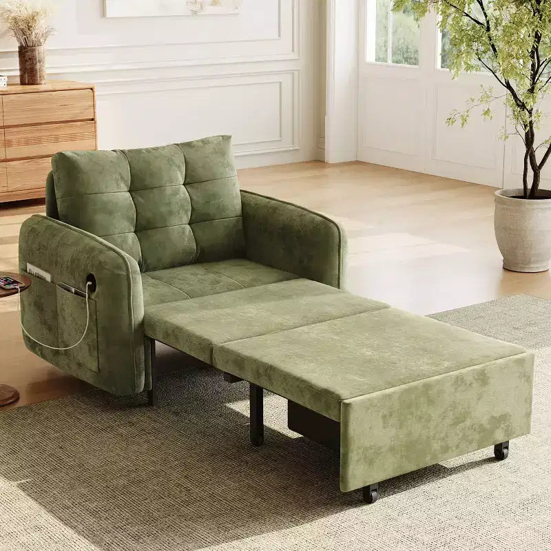 Canapé-lit convertible 3-en-1 en chenille avec lit simple gigogne, ports de chargement USB et poches de rangement