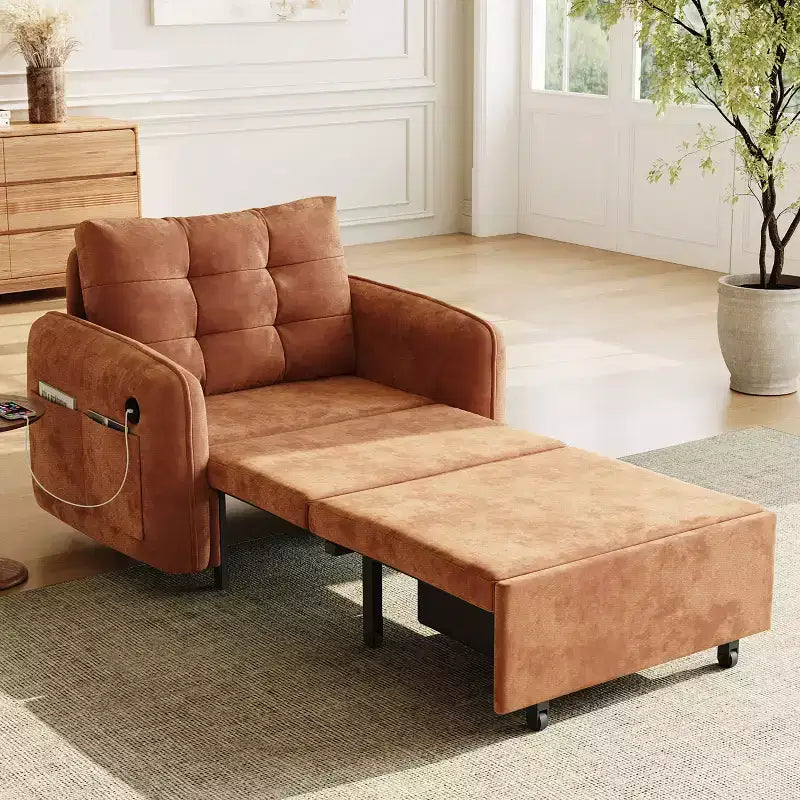 Canapé-lit convertible 3-en-1 en chenille avec lit simple gigogne, ports de chargement USB et poches de rangement