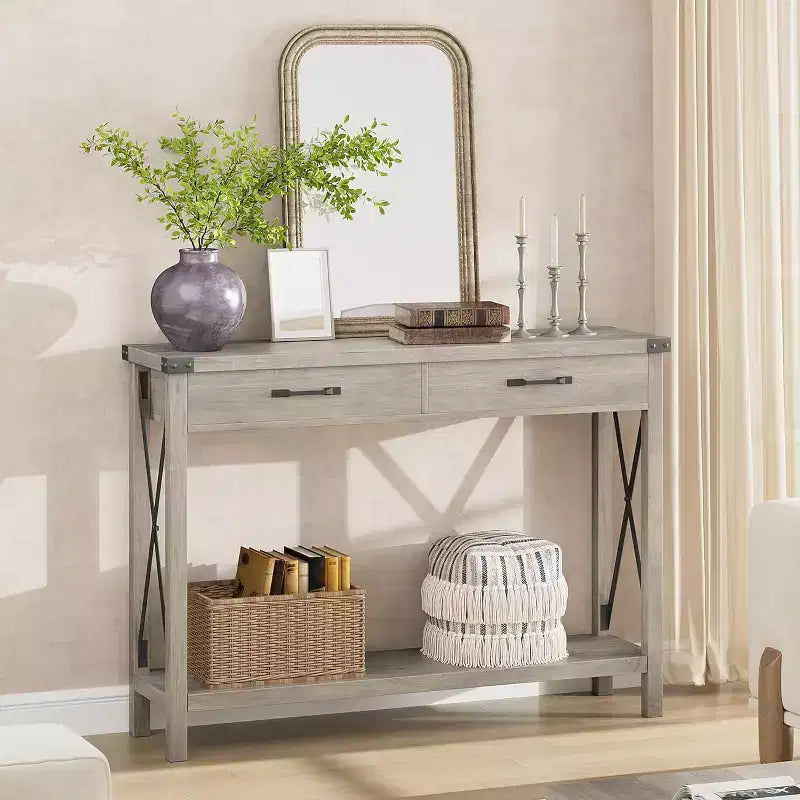 Console, table de canapé étroite de ferme rustique pour couloir ou entrée, console d'appoint en bois avec cadre en métal pour salon ou derrière le canapé