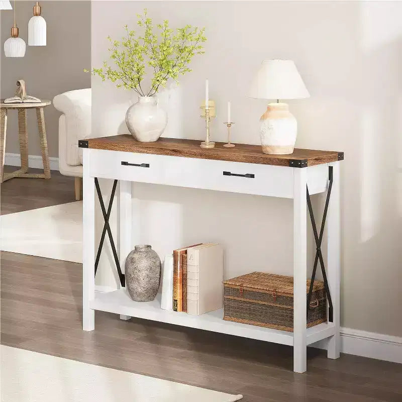 Console, table de canapé étroite de ferme rustique pour couloir ou entrée, console d'appoint en bois avec cadre en métal pour salon ou derrière le canapé