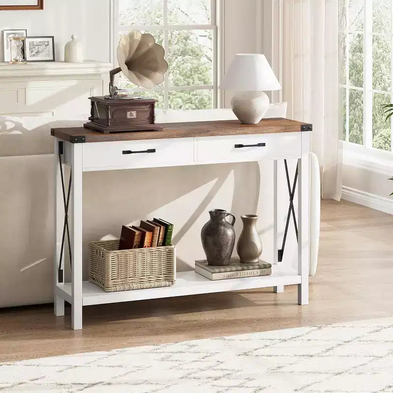 Console, table de canapé étroite de ferme rustique pour couloir ou entrée, console d'appoint en bois avec cadre en métal pour salon ou derrière le canapé