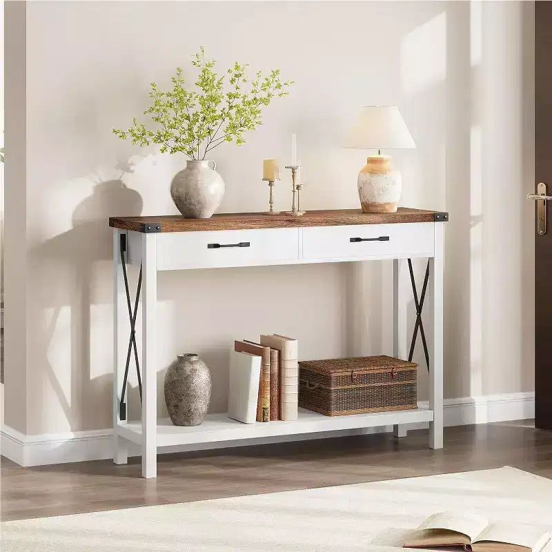 Console, table de canapé étroite de ferme rustique pour couloir ou entrée, console d'appoint en bois avec cadre en métal pour salon ou derrière le canapé
