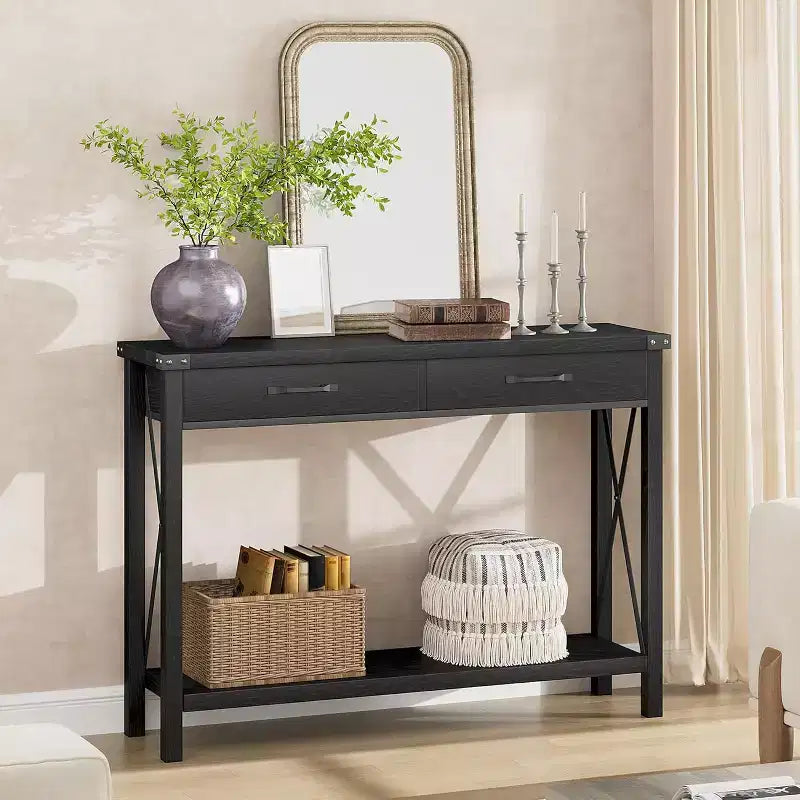Console, table de canapé étroite de ferme rustique pour couloir ou entrée, console d'appoint en bois avec cadre en métal pour salon ou derrière le canapé