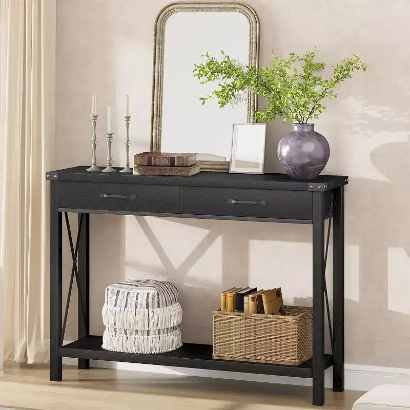 Console, table de canapé étroite de ferme rustique pour couloir ou entrée, console d'appoint en bois avec cadre en métal pour salon ou derrière le canapé