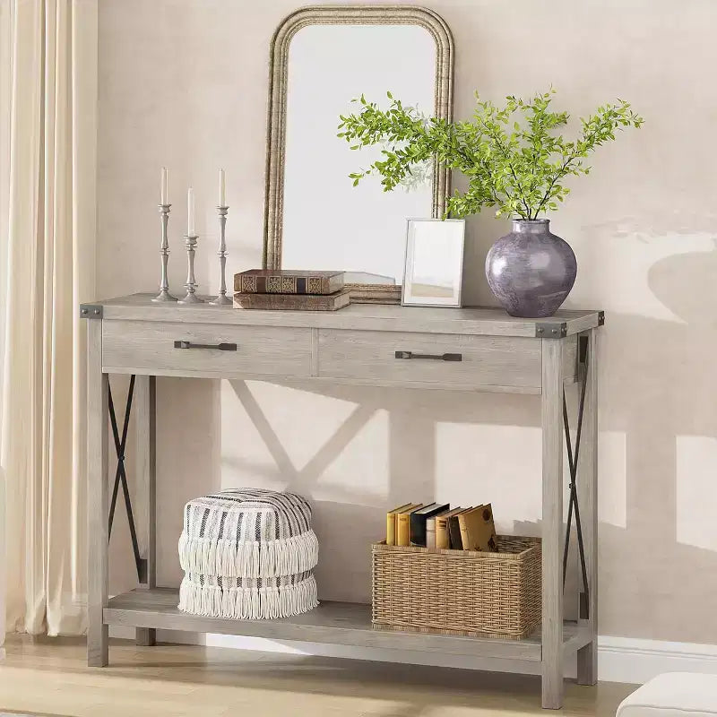 Console, table de canapé étroite de ferme rustique pour couloir ou entrée, console d'appoint en bois avec cadre en métal pour salon ou derrière le canapé