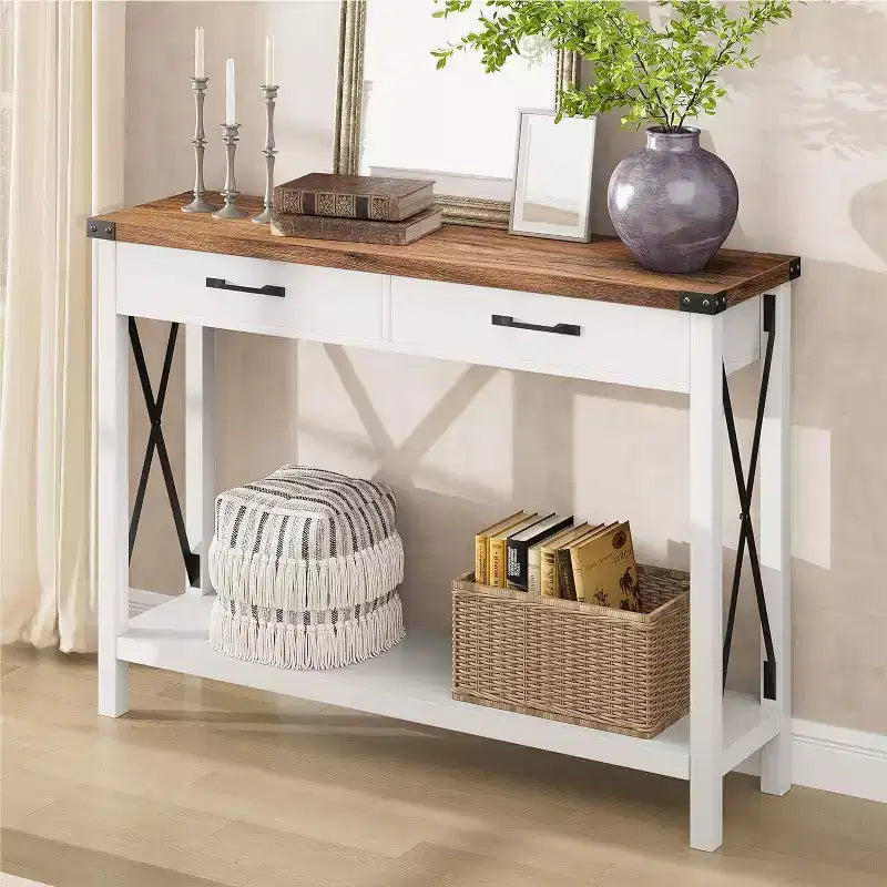 Console, table de canapé étroite de ferme rustique pour couloir ou entrée, console d'appoint en bois avec cadre en métal pour salon ou derrière le canapé
