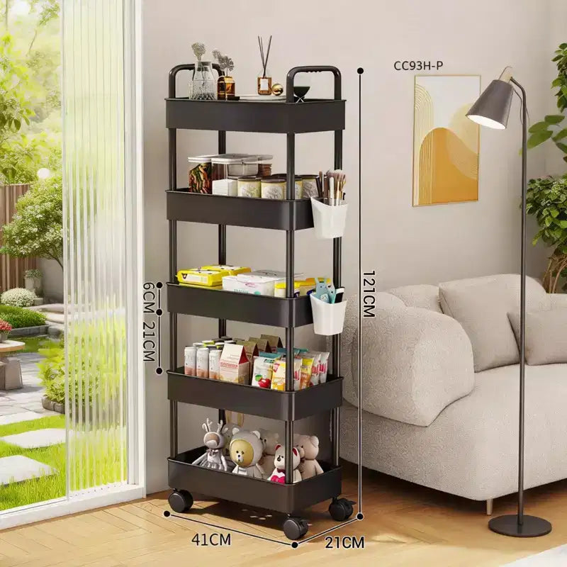 Chariot de rangement à 5 niveaux sur roulettes, Chariot de service roulant en plastique avec poignée, Unité d'étagères mobiles, Étagère de rangement étroite