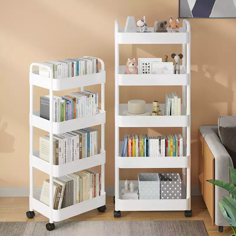Chariot de rangement à 5 niveaux sur roulettes, Chariot de service roulant en plastique avec poignée, Unité d'étagères mobiles, Étagère de rangement étroite